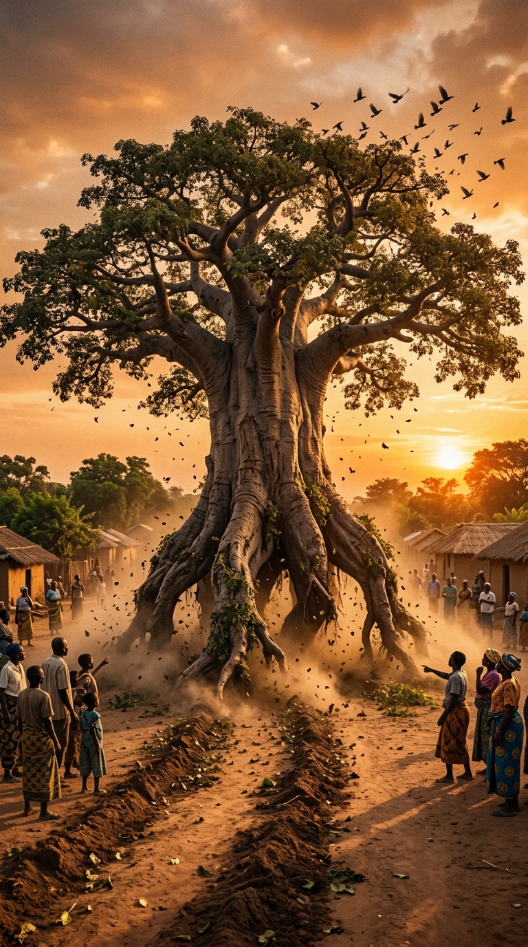 AI image of villagers watching a giant baobab tree uproot itself at sunset